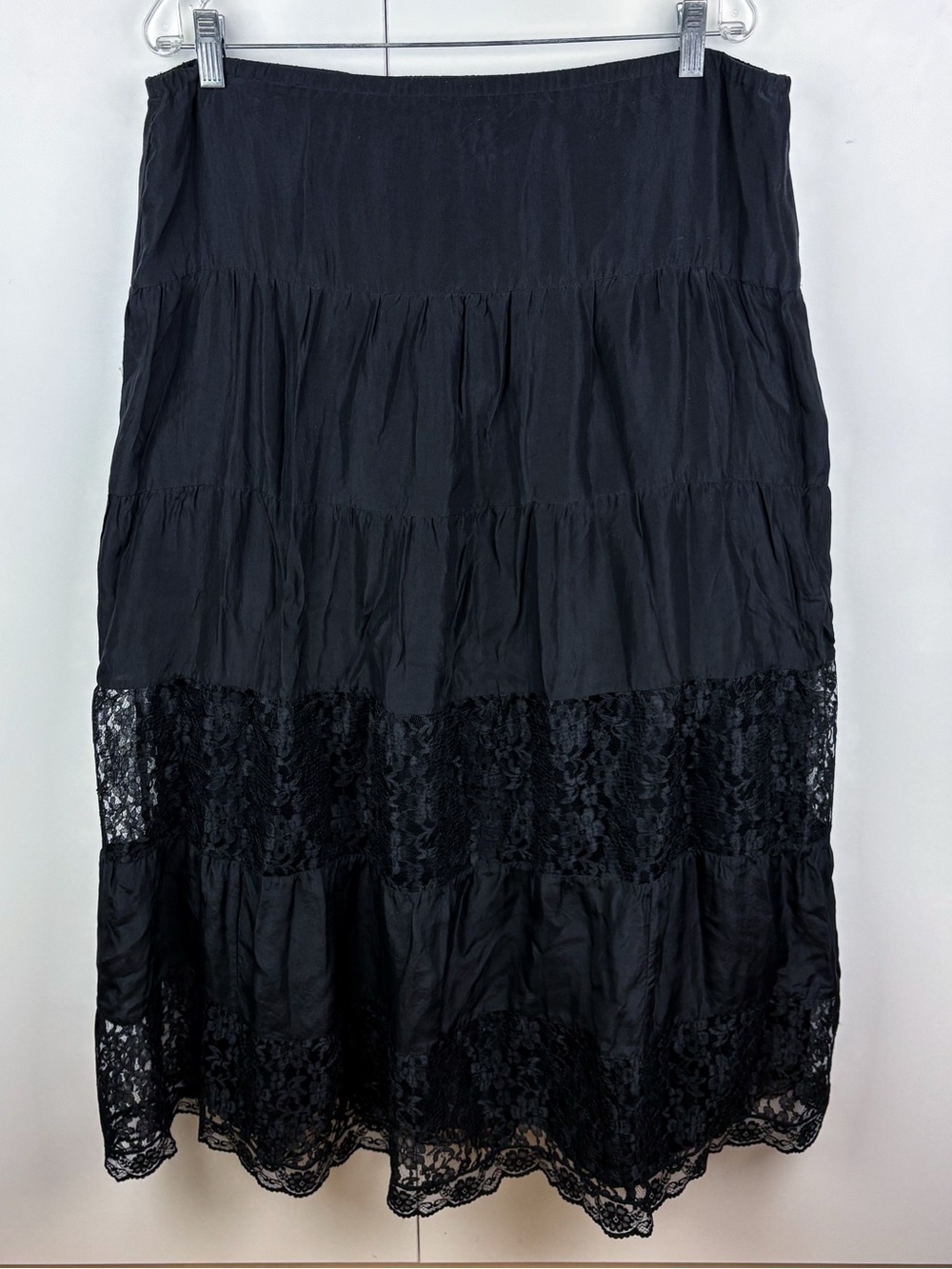 Vintage 100% Silk Black Lace Tiered Maxi Peasant Skirt Gothic Stevie Nicks Welch